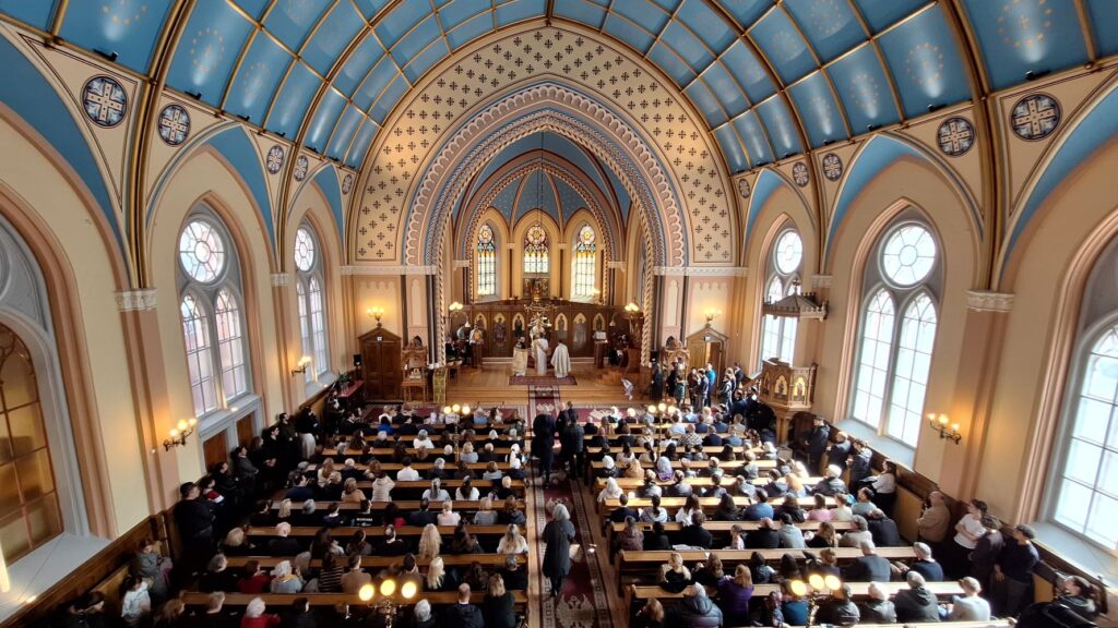 St Georgios Cathedral inside high overview with people