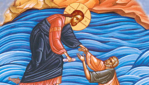 Apostle Peter walking in water with Christ